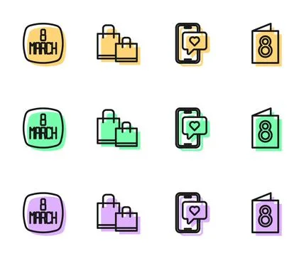 Set line Mobile with heart, 8 March, Paper shopping bag and Greeting card i.. Stock Illustration