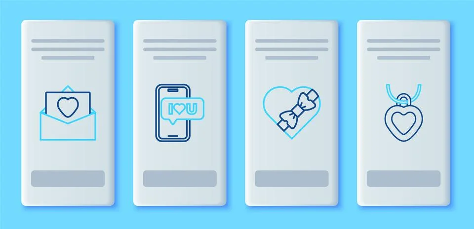 Set line Mobile with heart, Candy in shaped box, Envelope Valentine and Nec.. Stock Illustration