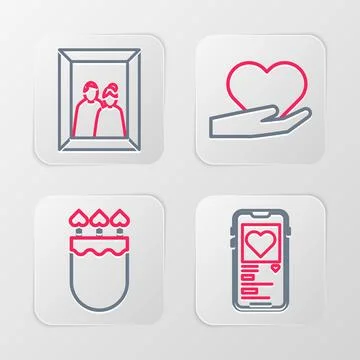 Set line Mobile with heart, Quiver and arrows, Heart in hand and Picture fr.. Stock Illustration