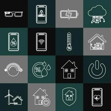 Set line Mobile with heart rate, Power button, Smart home, Battery, wi-fi w.. Ilustração Stock