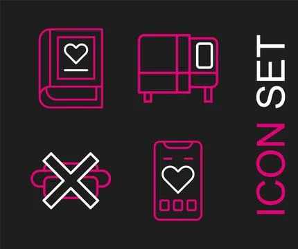 Set line Mobile with heart rate, No junk food, Bed and Medical book icon. V.. Stock Illustration