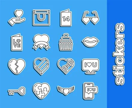 Set line Mobile with heart, Speech bubble I love you, Smiling lips, Greeting Ilustração Stock