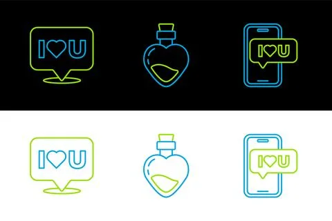 Set line Mobile with heart, Speech bubble I love you and Bottle potion icon.. Stock Illustration