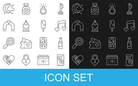 Set line Mobile with heart, Wine bottle, Music note, tone hearts, Diamond Stock Illustration