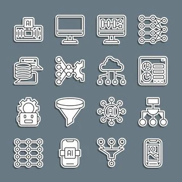 Set line Mobile phone, Algorithm, Computer api interface, Neural network, Server Stock Illustration