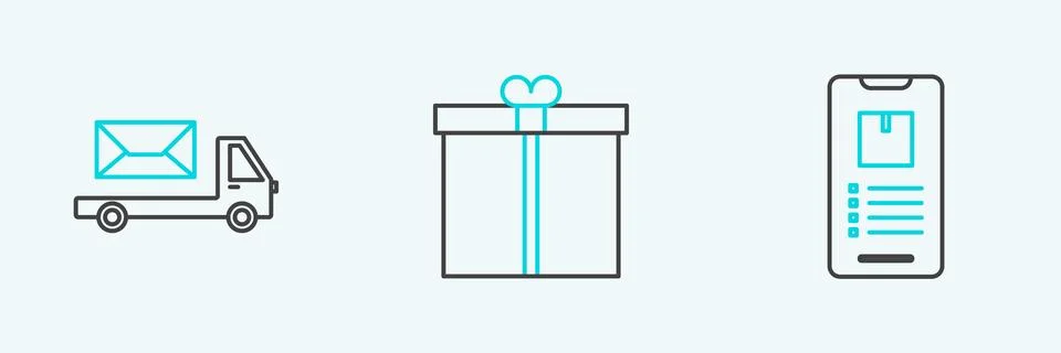 Set line Mobile phone with app delivery tracking, Post truck and Gift box i.. Stock Illustration