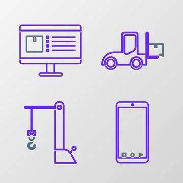 Set line Mobile phone with app delivery tracking, Harbor port crane, Forkli.. 스톡 일러스트
