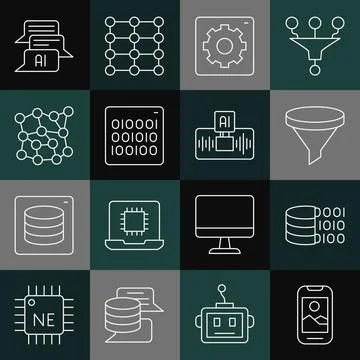 Set line Mobile phone, Binary code, Funnel or filter, Computer api interface Illustrazione stock