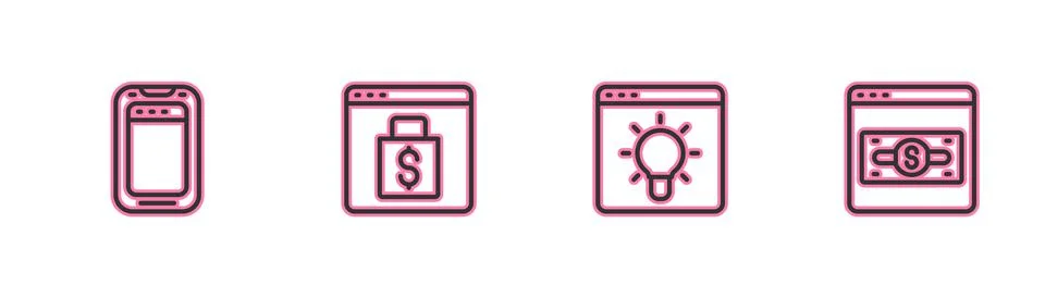 Set line Mobile phone, Browser window, Online shopping screen and icon. Vector イラスト素材