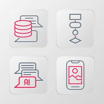 Set line Mobile phone, Chat bot, Algorithm and Server, Data icon. Vector Stock Illustration