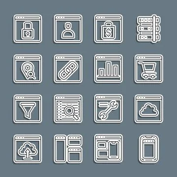 Set line Mobile phone, Cloud technology data transfer, Online shopping screen Ilustração Stock