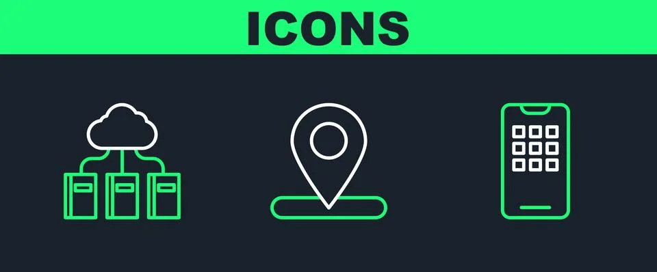 Set line Mobile phone, Cloud or online library and Location icon. Vector Illustrazione stock