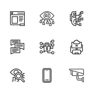 Set line Mobile phone Cloud database Security camera Cyber security Humanoid  Illustrazione stock