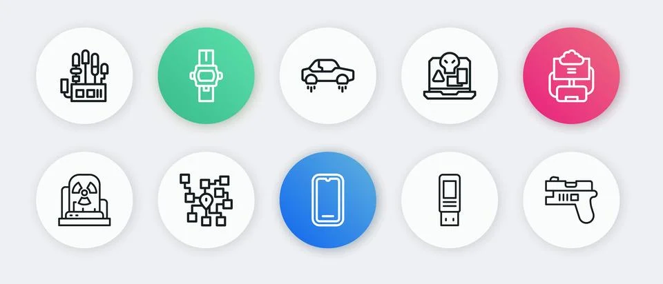 Set line Mobile phone, Cloud database, Radioactive warning lamp, USB flash .. イラスト素材