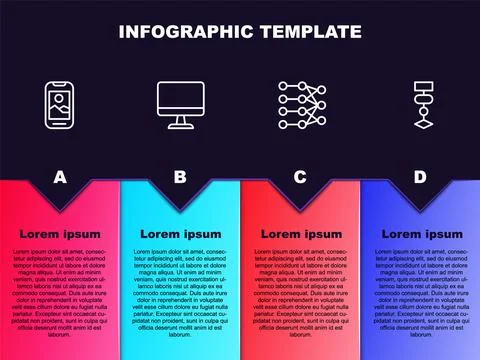 Set line Mobile phone, Computer monitor, Neural network and Algorithm. Business Stock Illustration