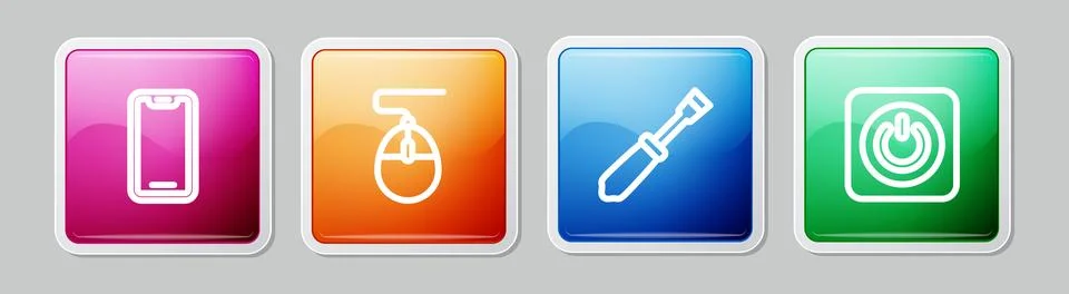 Set line Mobile phone Computer mouse Screwdriver and Power button. Colorful s Illustrazione stock