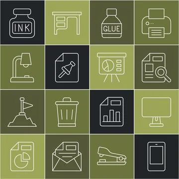 Set line Mobile phone, Computer monitor, Document with graph chart, Glue, N.. Stock Illustration