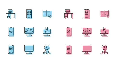 Set line Mobile phone, Computer monitor screen, and desk, Web camera, Onlin.. Illustrazione stock