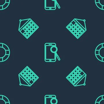Set line Mobile phone diagnostics, Calendar and Lifebuoy on seamless pattern Stockillustratie
