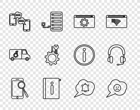 Set line Mobile phone diagnostics, Speech bubble with sad smile, Setting, User イラスト素材