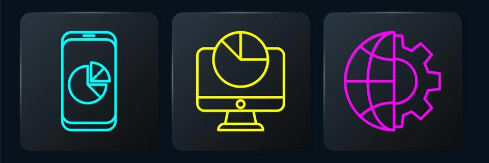 Set line Mobile phone with graph chart, Globe of the Earth and gear and Computer Stock Illustration