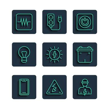 Set line Mobile phone, High voltage, Electrician, Power button, Solar energy  Stock Illustration