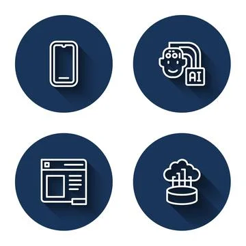 Set line Mobile phone, Humanoid robot, Browser window and Network cloud Stock Illustration