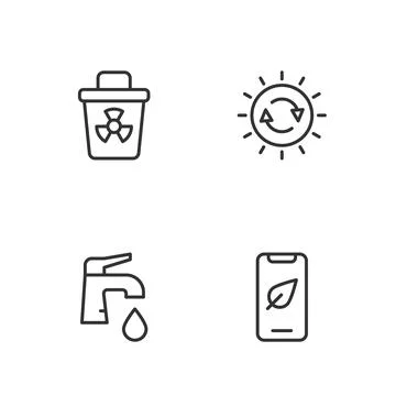 Set line Mobile phone with leaf, Water tap, Infectious waste and Solar energy Stock Illustration