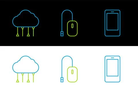 Set line Mobile phone, Network cloud connection and Computer mouse icon. Vector Stock Illustration