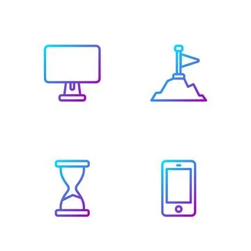 Set line Mobile phone, Old hourglass, Computer monitor and Mountains with f.. Stock Illustration