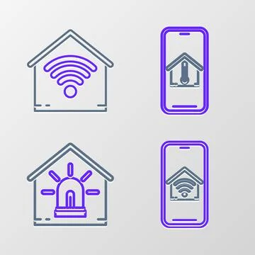 Set line Mobile phone with smart home with wi-fi, Smart house and alarm, temp Ilustración de archivo