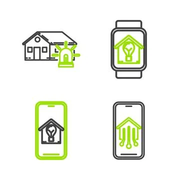 Set line Mobile phone with smart home, house and light bulb, Smart watch an.. Stock Illustration