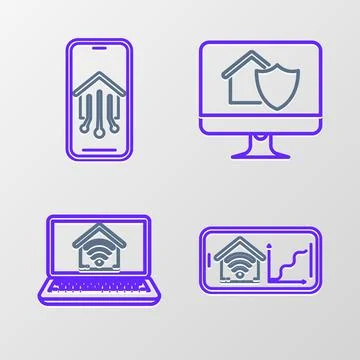 Set line Mobile phone with smart home with wi-fi, Laptop, Computer monitor .. Stock Illustration