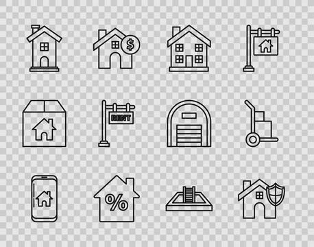 Set line Mobile phone with smart home, House shield, Home symbol, percant d.. Stock Illustration