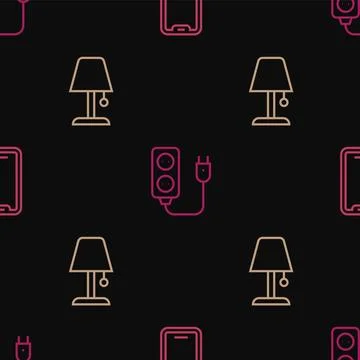 Set line Mobile phone, Table lamp and Electric extension on seamless patter.. Stock Illustration