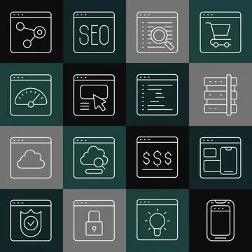 Set line Mobile phone, Web developer programming code, Server, Search engine, UI Illustrazione stock