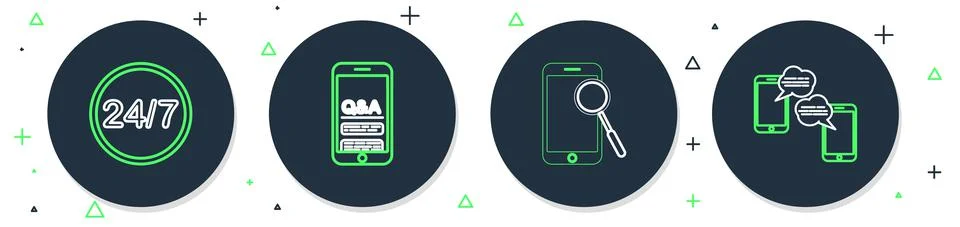 Set line Mobile Question and Exclamation, phone diagnostics, Clock 24 hours and Illustrazione stock