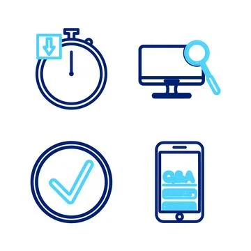 Set line Mobile Question and Exclamation, Check mark in circle, Computer monitor Stock Illustration