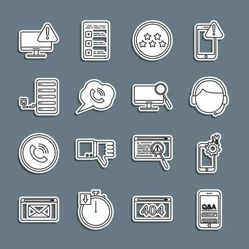 Set line Mobile Question and Exclamation, service, Man with headset, Five stars Stock Illustration