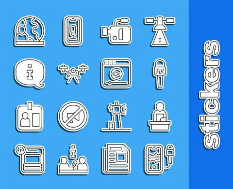 Set line Mobile recording, Breaking news, Microphone, Cinema camera, Drone Stock Illustration