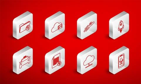 Set line Mobile recording, Cloud mail server, UFO flying spaceship and alien Illustrazione stock