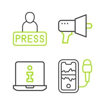 Set line Mobile recording, Information, Megaphone and Journalist news icon... Stock Illustration