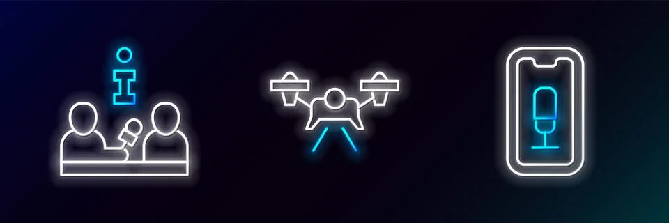 Set line Mobile recording, Interview and Drone icon. Glowing neon. Vector Stock Illustration