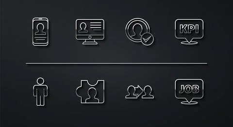 Set line Mobile with resume, User of man, Key performance indicator, Project Stock Illustration