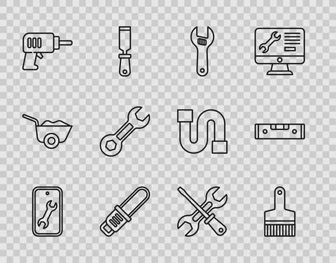 Set line Mobile service, Paint brush, Adjustable wrench, Chainsaw, Electric 库存插图