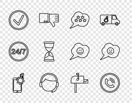Set line Mobile service, Phone call, Five stars rating review, Man with hea.. Stock Illustration