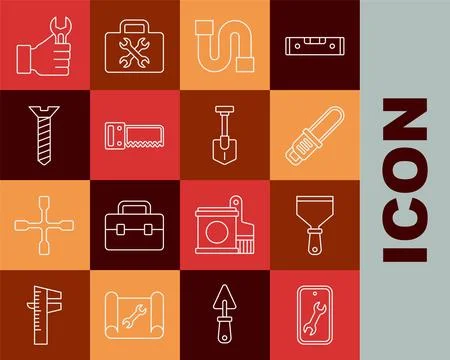 Set line Mobile service, Putty knife, Chainsaw, Industry pipe, Hand, Metall.. 库存插图
