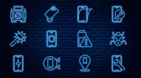 Set line Mobile service, System bug, Glass screen protector, with shield, Hammer Stockillustratie
