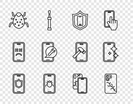 Set line Mobile with shield, broken screen, System bug on mobile, service, .. Illustrazione stock
