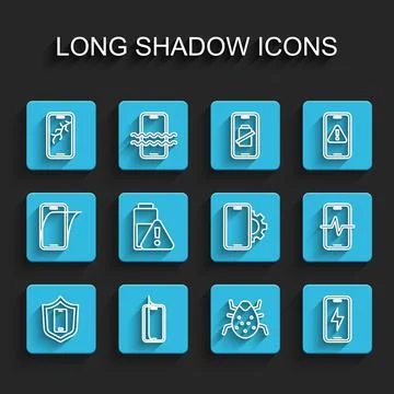 Set line Mobile with shield, Glass screen protector, broken, System bug Stock Illustration
